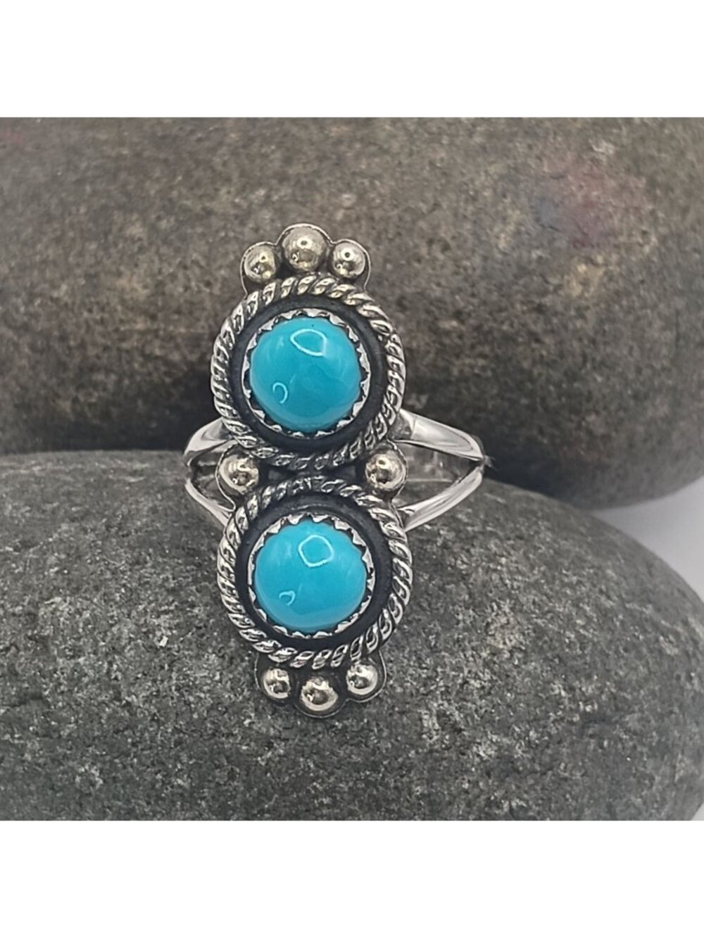 Southwest Sterling Silver Double Kingman Turquoise Stone Ring Size 8